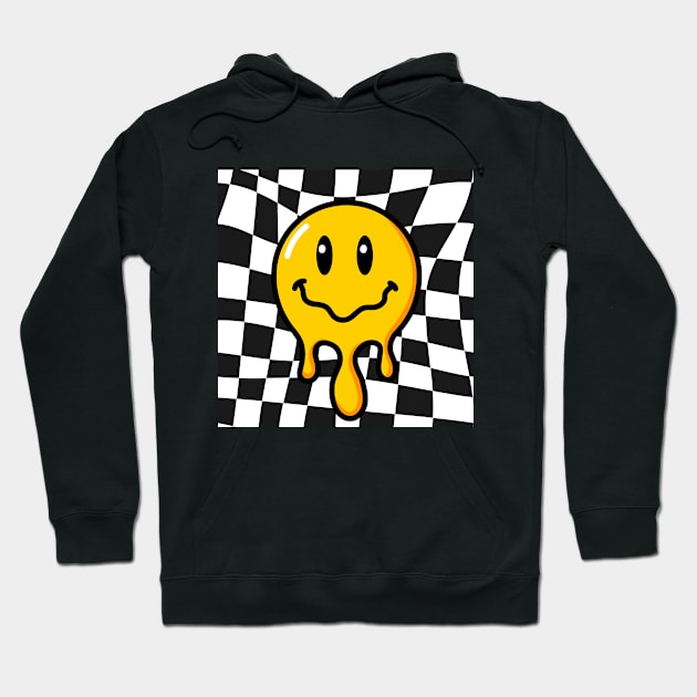 Funny 70s Melting Yellow Smile Face Cute Checkered Smiling Happy Hoodie by Peter smith